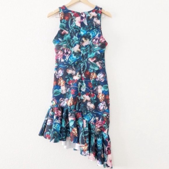 Alexia Admor Dress Ruffle Asymmetrical Floral Stretch Scuba Sleeveless SZ 14 - Picture 4 of 13